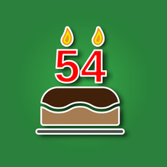 Birthday cake with a candle in the form of a number 54, in the form of a sticker with a shadow icon. Happy Birthday concept symbol design. Stock - Vector illustration can be used for web.