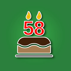 Birthday cake with a candle in the form of a number 58, in the form of a sticker with a shadow icon. Happy Birthday concept symbol design. Stock - Vector illustration can be used for web.