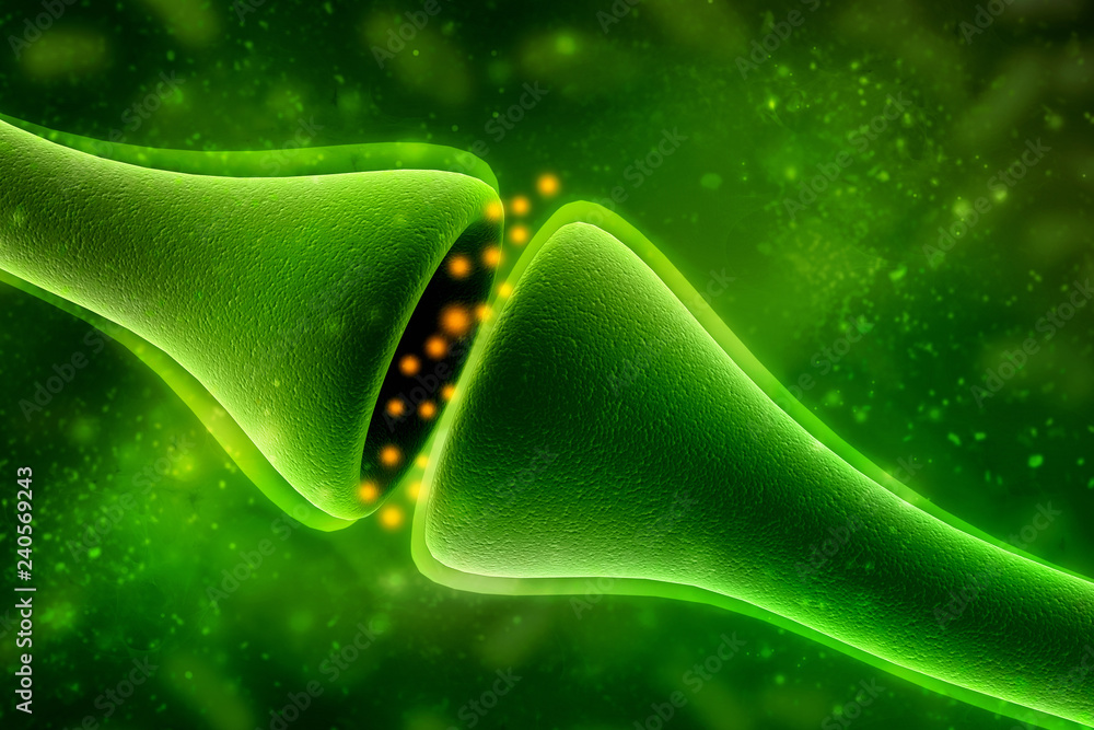 Poster synapse and neuron cells sending electrical chemical signals. 3d rendering