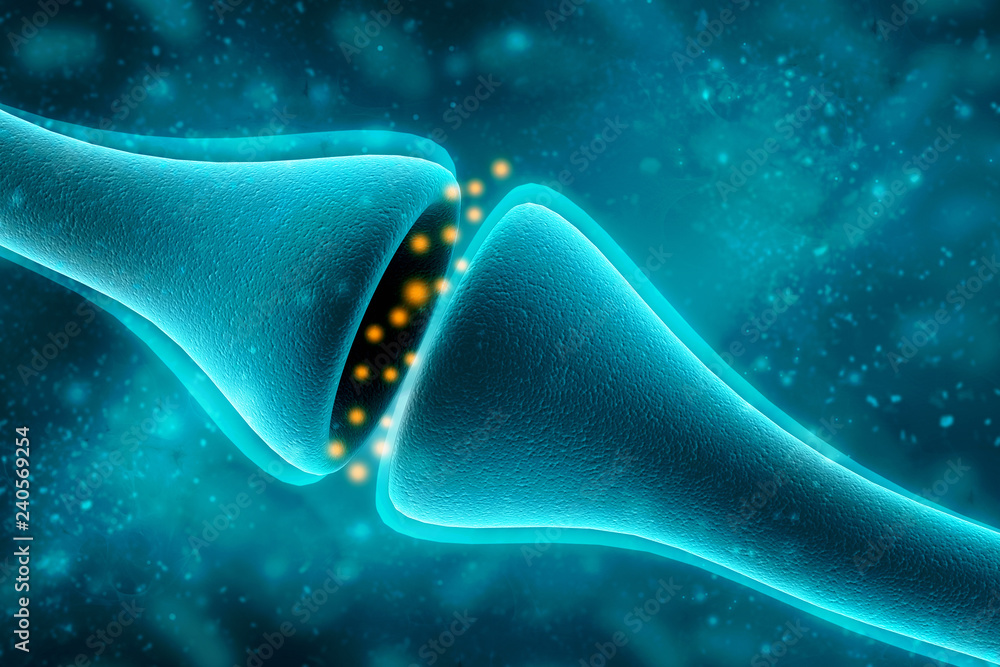 Poster synapse and neuron cells sending electrical chemical signals. 3d rendering