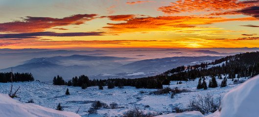 Beautiful winter fairytale - frozen landscape at sunrise on a mountain top in Sofia, Bulgaria - amazing scenery, impressive views - feeling of freedom and relaxation