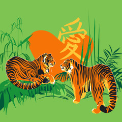 Two tigers in love looking at each other surrounded by exotic plants.