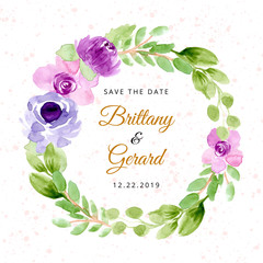 save the date with purple watercolor floral wreath