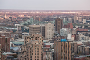 Montreal skyline, with the iconic buildings of the Downtown and the CBD business skyscrapers taken from the Mont Royal Hill. Montreal is the main city of Quebec, and the second city in Canada