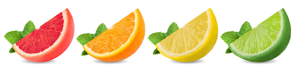 Wedges citrus fruits isolated on white background.