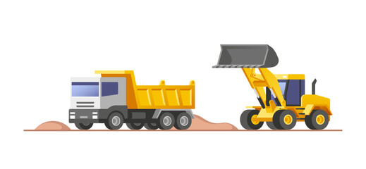 Construction site. Loader moving soil and unloading into a dumper truck. Vector illustration. © faber14