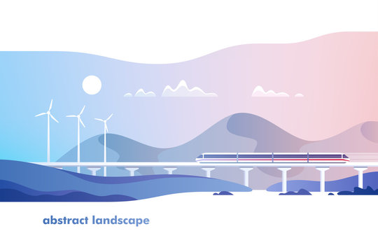 Abstract countryside landscape. Rural area with hills, fields and train. Vector illustration.