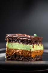 Close-up chocolate biscuit cake with pistachio cream and boiled condensed milk. Copy space.