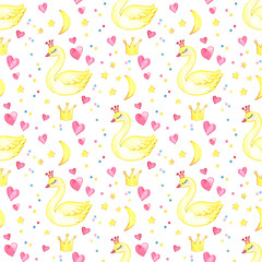 Seamless pattern with love swans and watercolor hearts on a white background. Texture background