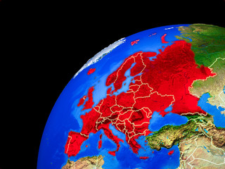 Europe from space. Planet Earth with country borders and extremely high detail of planet surface.