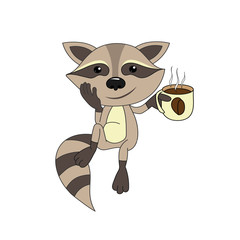 The little raccoon is smiling. On a white background a small gray raccoon with a striped tail. Vector image.