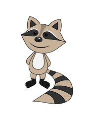 The little raccoon is smiling. On a white background a small gray raccoon with a striped tail. Vector image.