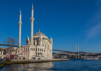 Fototapeta na wymiar Istanbul, Turkey - built in 1721, and located just beside the Bosphorus Bridge, the Ortaköy Mosque is one of the most recognizable landmarks of Istanbul