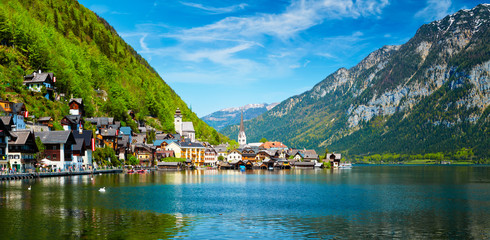 Panorama of Hallstatt village and Hallstatter See, Austria
