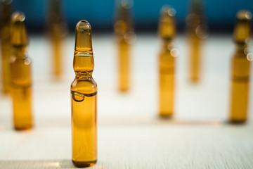 Group object of liquid medicinal agent in limpid glassware in medical laboratory.
