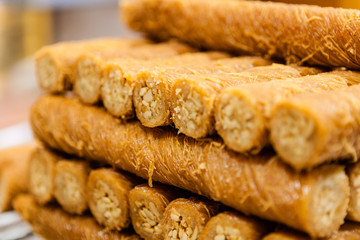 A tray of borma pistachio, a popular Middle Eastern dessert, in an Arabic bakery in Dubai, United Arab Emirates