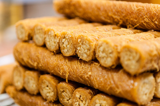 A tray of borma pistachio, a popular Middle Eastern dessert, in an Arabic bakery in Dubai, United Arab Emirates