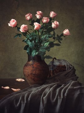 Still life with bouquet  of white lily flowers