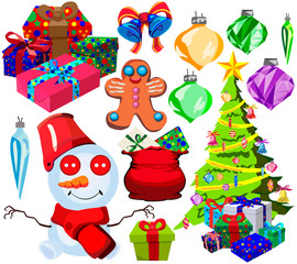 Set for happy Christmas and new year, cartoon icons and illustrations
