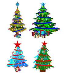 Star decorations, balls and light chains decorated Christmas trees with lots of gift boxes.