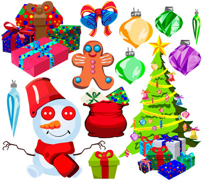 Set for happy Christmas and new year, cartoon icons and illustrations