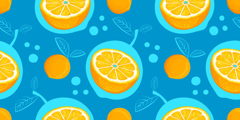 Orange vector seamless pattern. Sketch oranges. Citrus fruit background. Elements for menu, greeting cards, wrapping paper, cosmetics packaging, posters etc