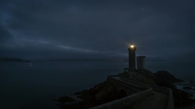 Timelapse of dusk after sunset in Petit minou lighthouse in Brittany, France