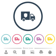 Money deliverer truck flat color icons in round outlines