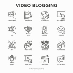 Video blogging thin line icons set: vlog, ASMR, mukbang, unboxing, DIY, stream game, review, collaboration, podcast, tipa and tricks. Modern vector illustration.