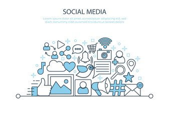 Social media poster. Thin line icons set marketing concept banner. Social network web symbols