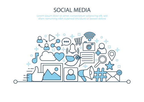 Social media poster. Thin line icons set marketing concept banner. Social network web symbols