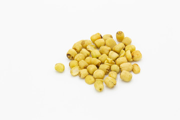 Lotus seeds roasted, Nutritious roasted lotus seeds on white background.