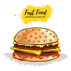 Hand drawn Hamburger or Sandwich. Fast Food sketch
