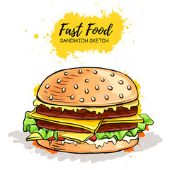 Hand drawn Hamburger or Sandwich. Fast Food sketch