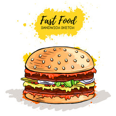 Hand drawn Hamburger or Sandwich. Fast Food sketch