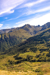 Fototapeta na wymiar Paysage,vue sur les pistes et montagnes autour de la station de ski Guzet-neige en été. Couserans-Pyrénées,valée d'Ustou,Ariège,Occitanie,France.