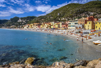 Beautiful view of Varigotti old town (Borgo Vecchio) from the stone jetty, quaint fisherman village near Finale Ligure, Savona, Italy, Italian Riviera