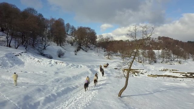 Aerial footage of a winter landscape at the countryside at the Christmas time.