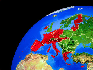Eurozone member states from space. Planet Earth with country borders and extremely high detail of planet surface.