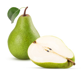 Fresh green pears and one cut in half with leaf