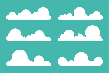 Cloud icon set, silhouettes of white clouds. Cartoon vector illustration.