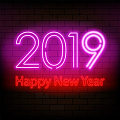 Happy New Year 2019 Poster with Neon Greeting Text. Vector Illustration.