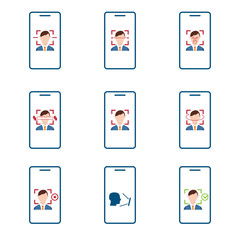 Face, facial recognition system icon set. Biometric identification. Smartphone and computer scans a person face symbol.	