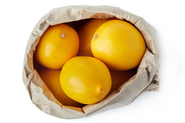 Lemons in brown paper grocery bag isolated on white background