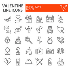 Valentines day line icon set, romance symbols collection, vector sketches, logo illustrations, love signs linear pictograms package isolated on white background.