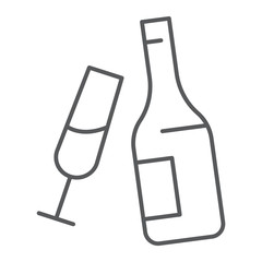 Champagne thin line icon, alcohol and drink, bottle with glass sign, vector graphics, a linear pattern on a white background.