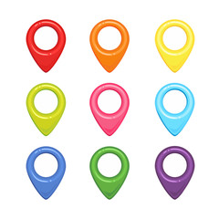 Set of map markers in colors of rainbow isolated on white background. Vector illustration in simple flat style.