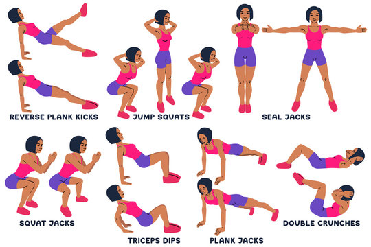 Reverse plank kicks. Reverse plank. Jump squats. Squat. Seal Jacks. Squat jacks. Triceps dips. PLank jacks. Double crunches. Sport exersice. Silhouettes of woman doing exercise. Workout, training.