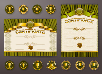Set of elegant templates of diploma with lace ornament, ribbon, wax seal, drapery fabric, badges, place for text. Certificate of achievement, education, awards, winner.