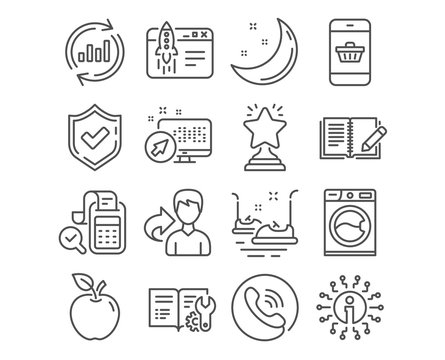 Set of Update data, Bill accounting and Start business icons. Bumper cars, Feedback and Washing machine signs. Winner, Smartphone buying and Engineering documentation symbols. Vector